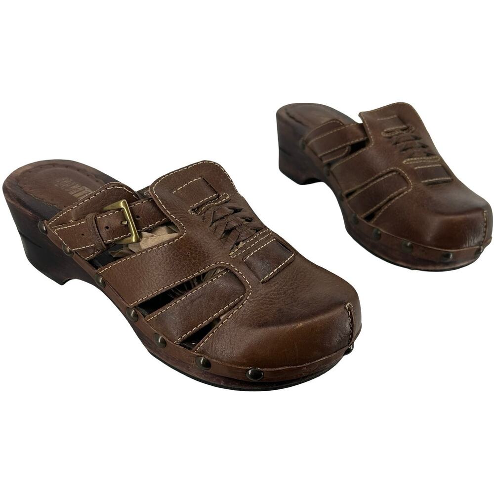 VTG y2k Women's Brown Leather Nomi Buckle Platform Studded Wooden Clogs Mules 6M